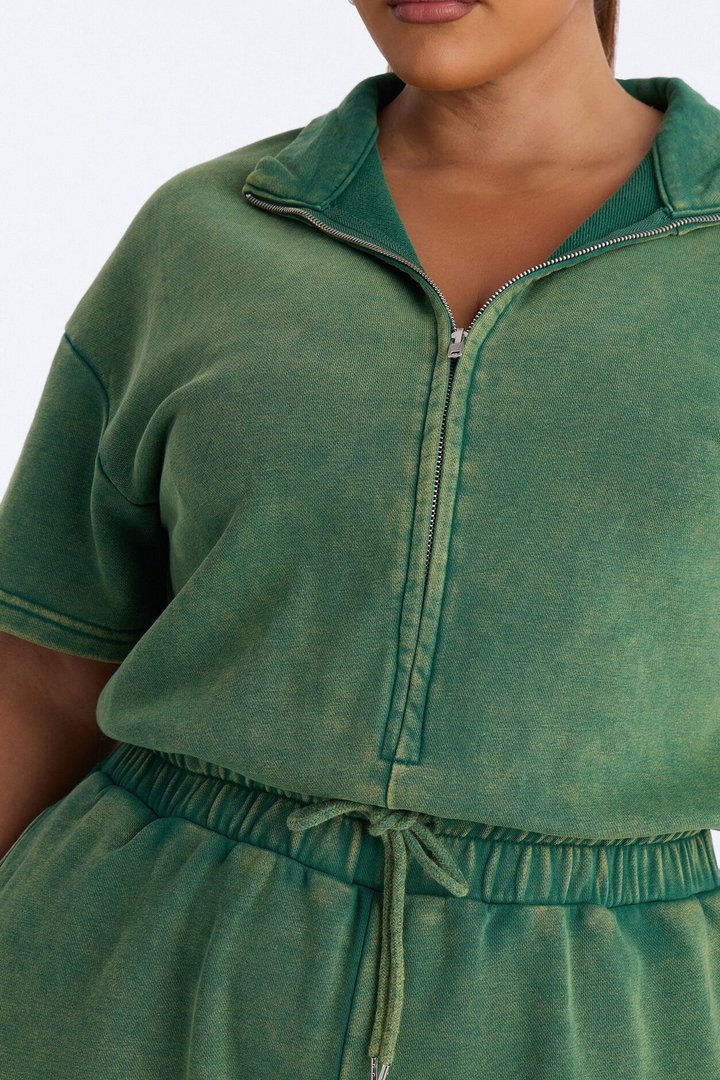 Busy Schedule Washed French Terry Romper - Green