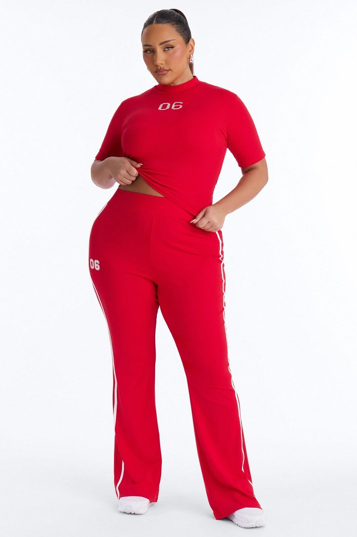 Sporty Vibe Ribbed Pant Set - Red