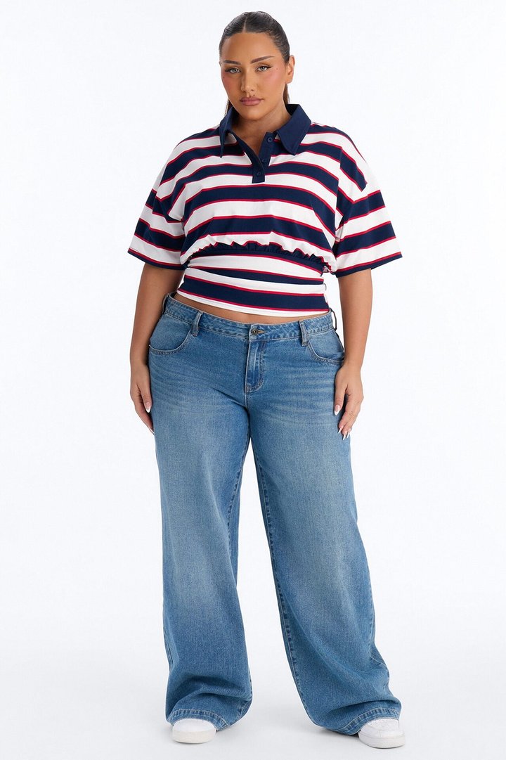 Caroline Striped Sinched Waist Short Sleeve Polo - Navy/combo