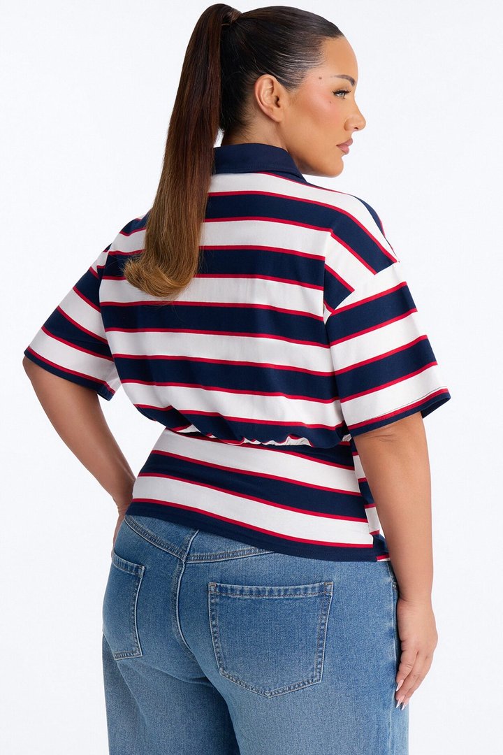 Caroline Striped Sinched Waist Short Sleeve Polo - Navy/combo