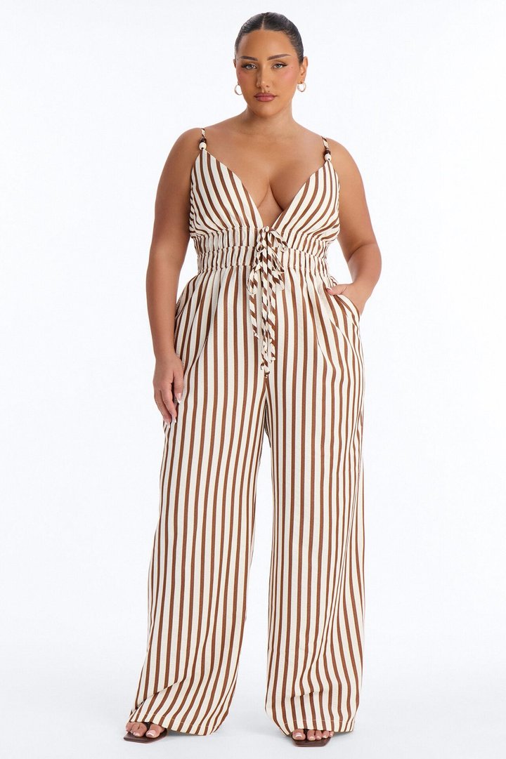 Taya Beaded Wide Leg Jumpsuit - Brown