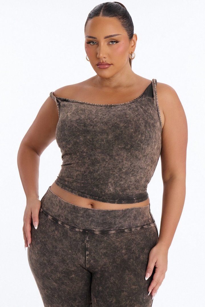 Tiana Off Shoulder Washed Pant Set - Brown