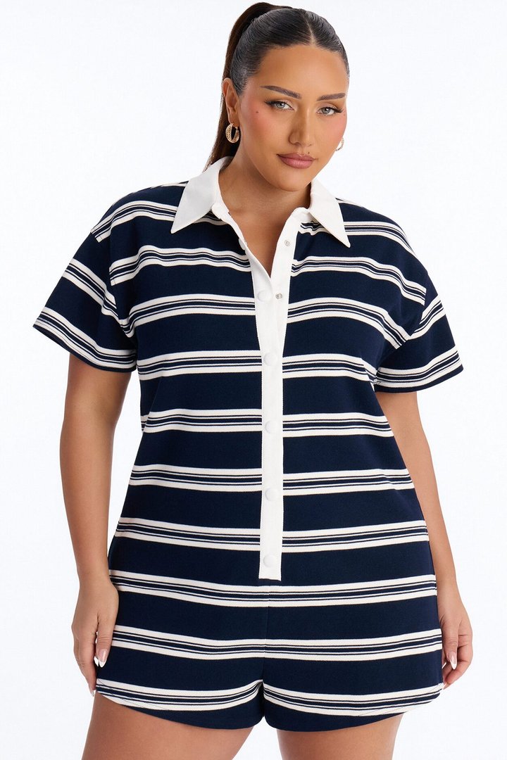 Kyla Striped Short Sleeve Polo Romper - Navy