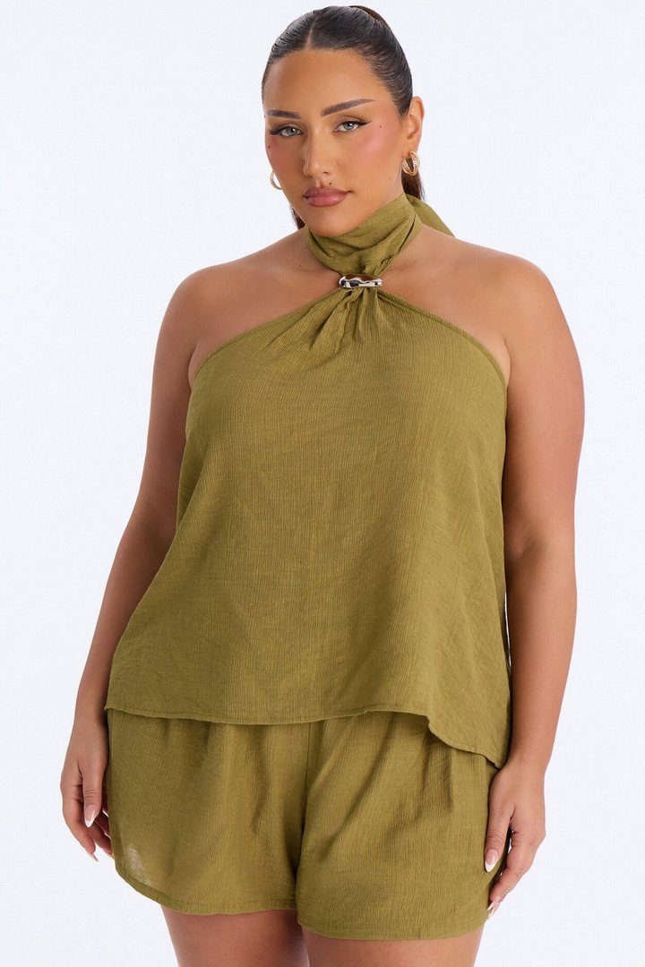 Chloe Halter Textured Short Set - Olive
