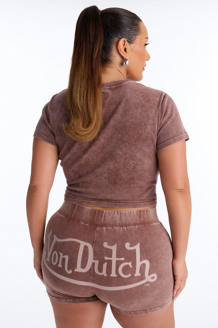 Von Dutch Notch Neck Washed Baby Tee - Brown