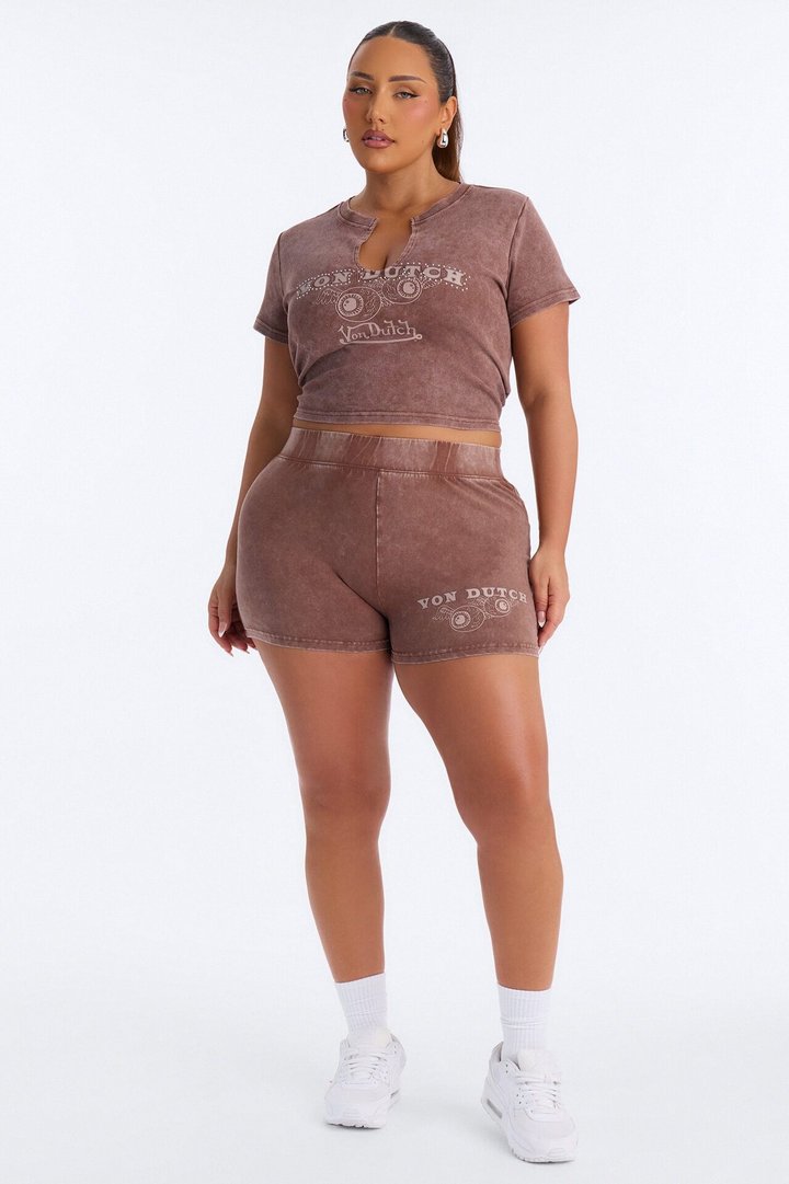 Von Dutch Notch Neck Washed Baby Tee - Brown