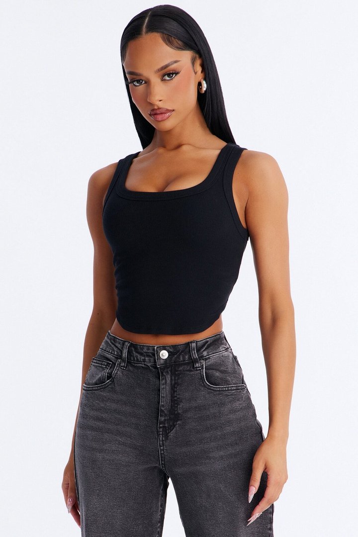 Haily Rib Square Neck Tank Top - Black