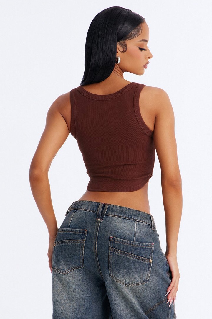 Haily Rib Square Neck Tank Top - Brown