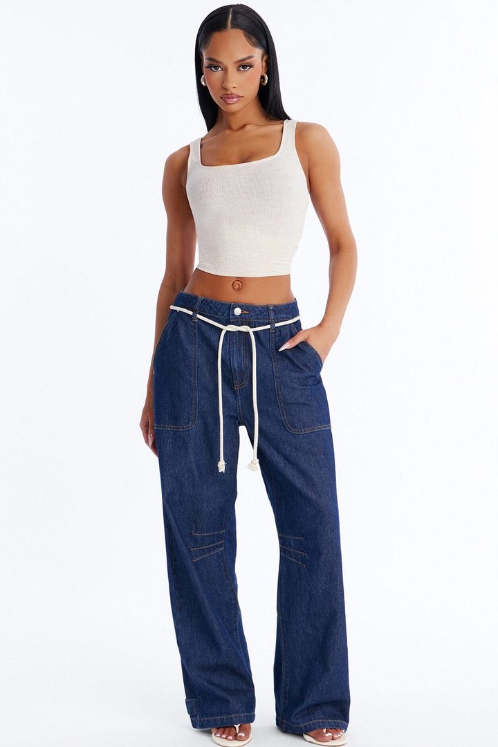 Nonchalant Drapey Tie Waist Jeans - Dark Denim