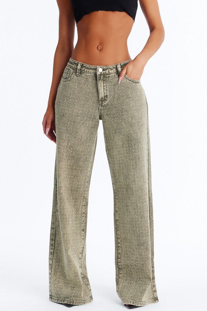 Dazzling Days Low Rise Washed Embellished Pant - Olive