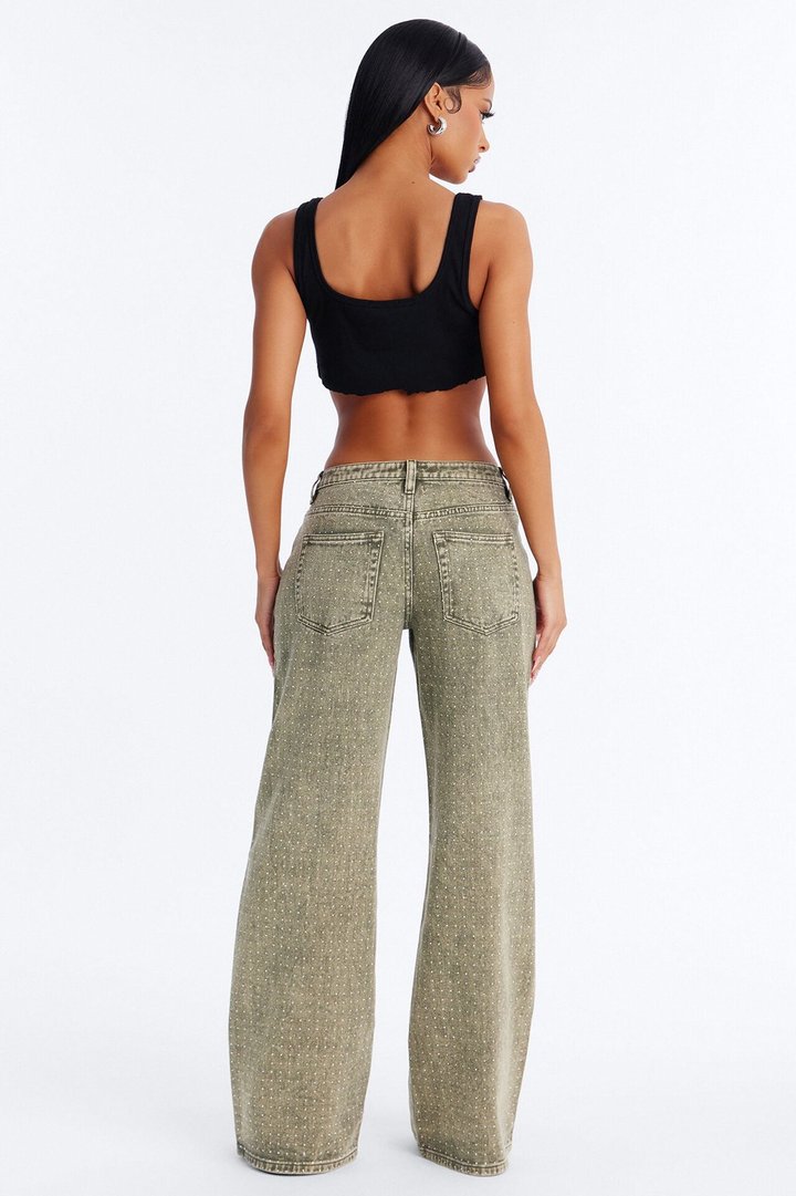 Dazzling Days Low Rise Washed Embellished Pant - Olive