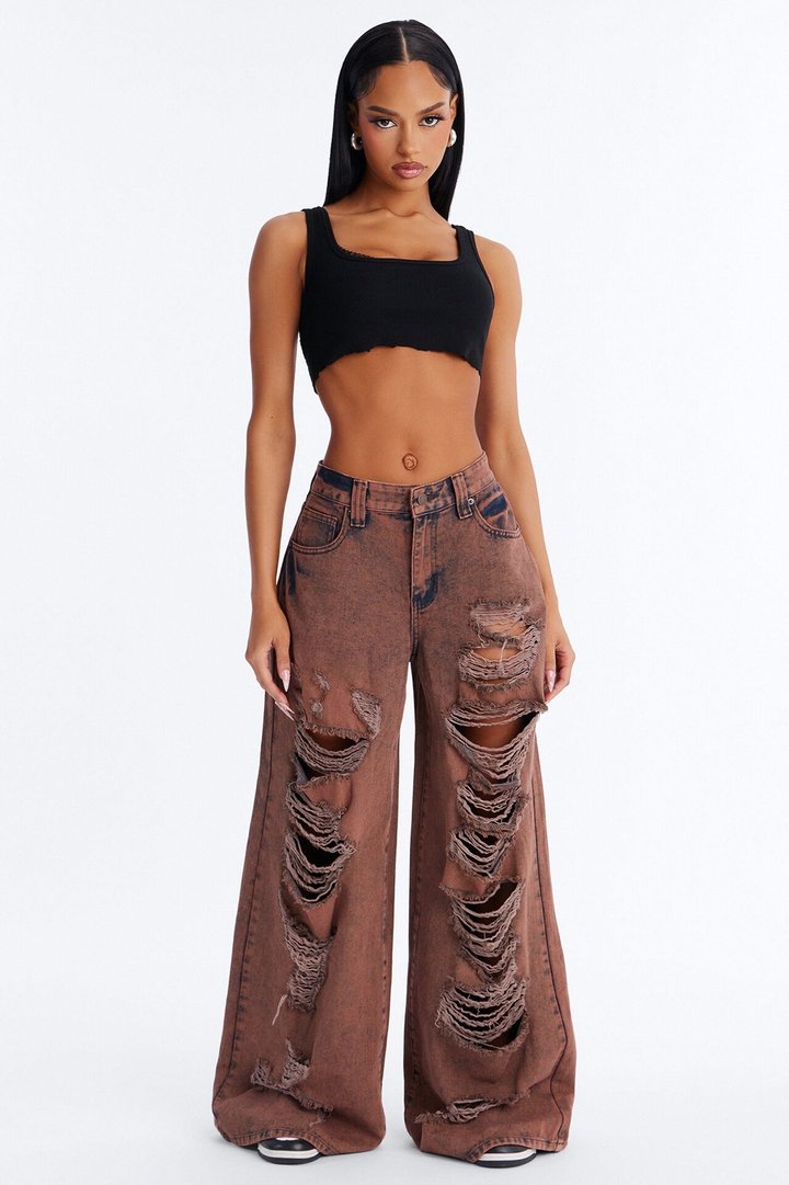 Inferno Ripped Baggy Wide Leg Jeans - Brown