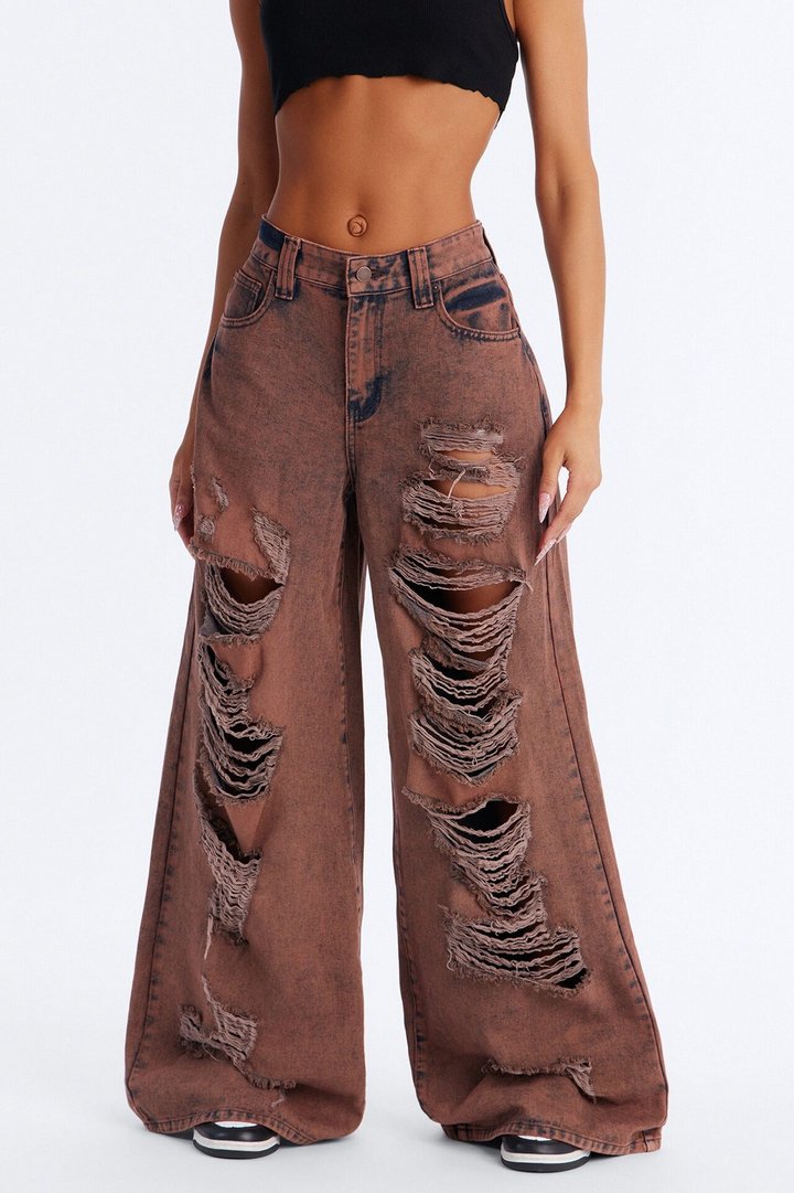 Inferno Ripped Baggy Wide Leg Jeans - Brown