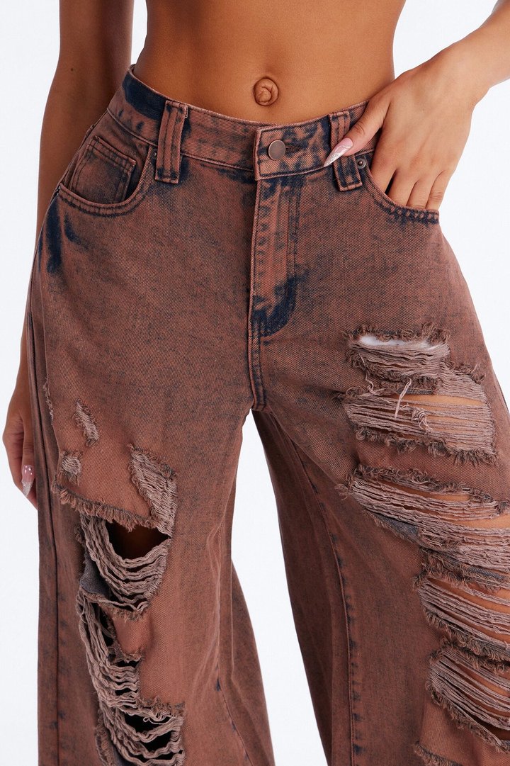 Inferno Ripped Baggy Wide Leg Jeans - Brown