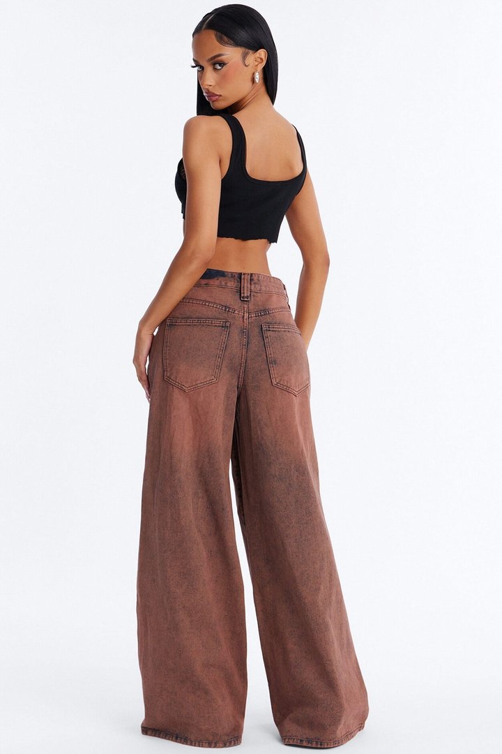 Inferno Ripped Baggy Wide Leg Jeans - Brown