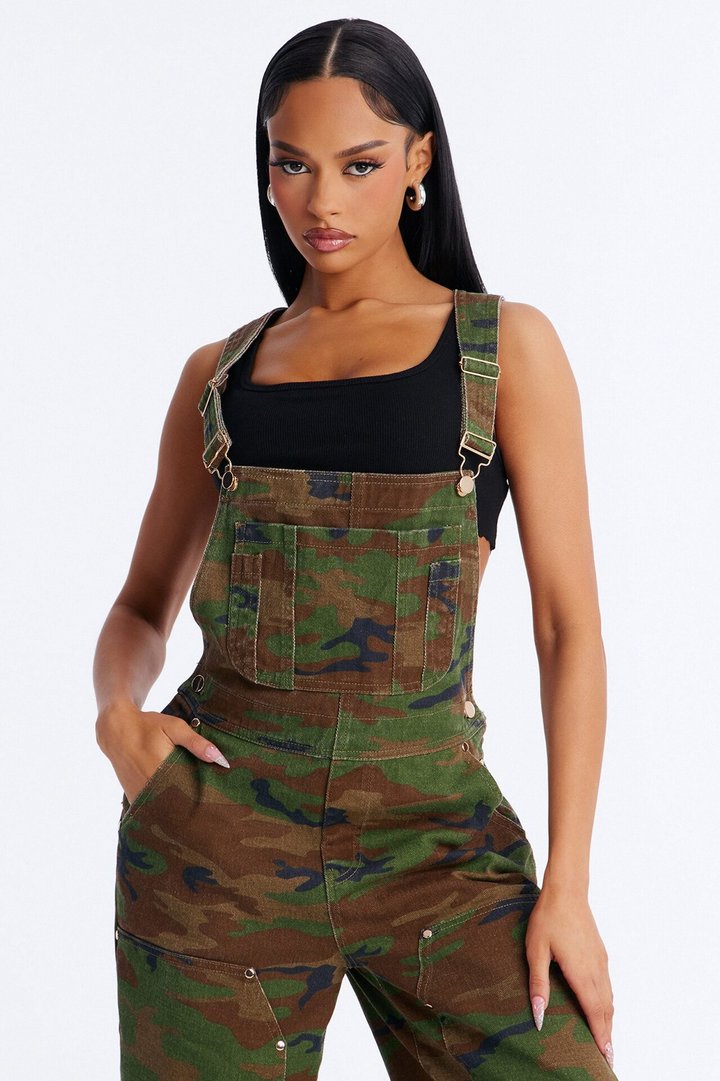 Hidden Secrets Camo Printed Utility Denim Overalls - Camouflage