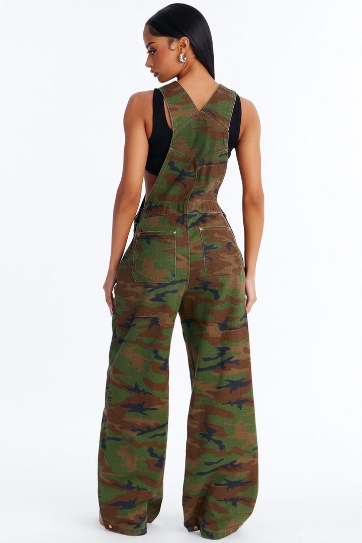 Hidden Secrets Camo Printed Utility Denim Overalls - Camouflage