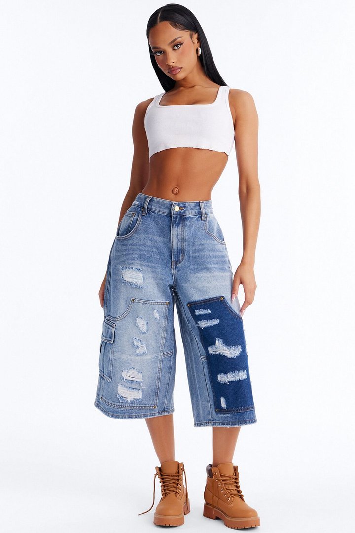 Just Like It Ripped Cargo Denim Jorts - Medium Wash