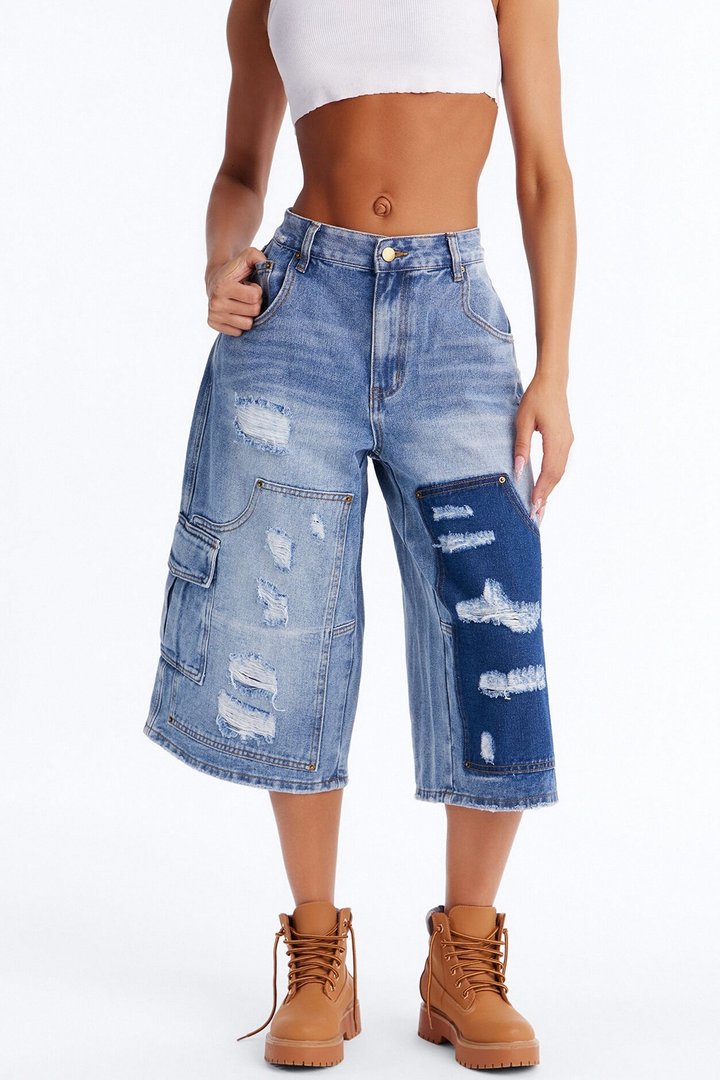 Just Like It Ripped Cargo Denim Jorts - Medium Wash