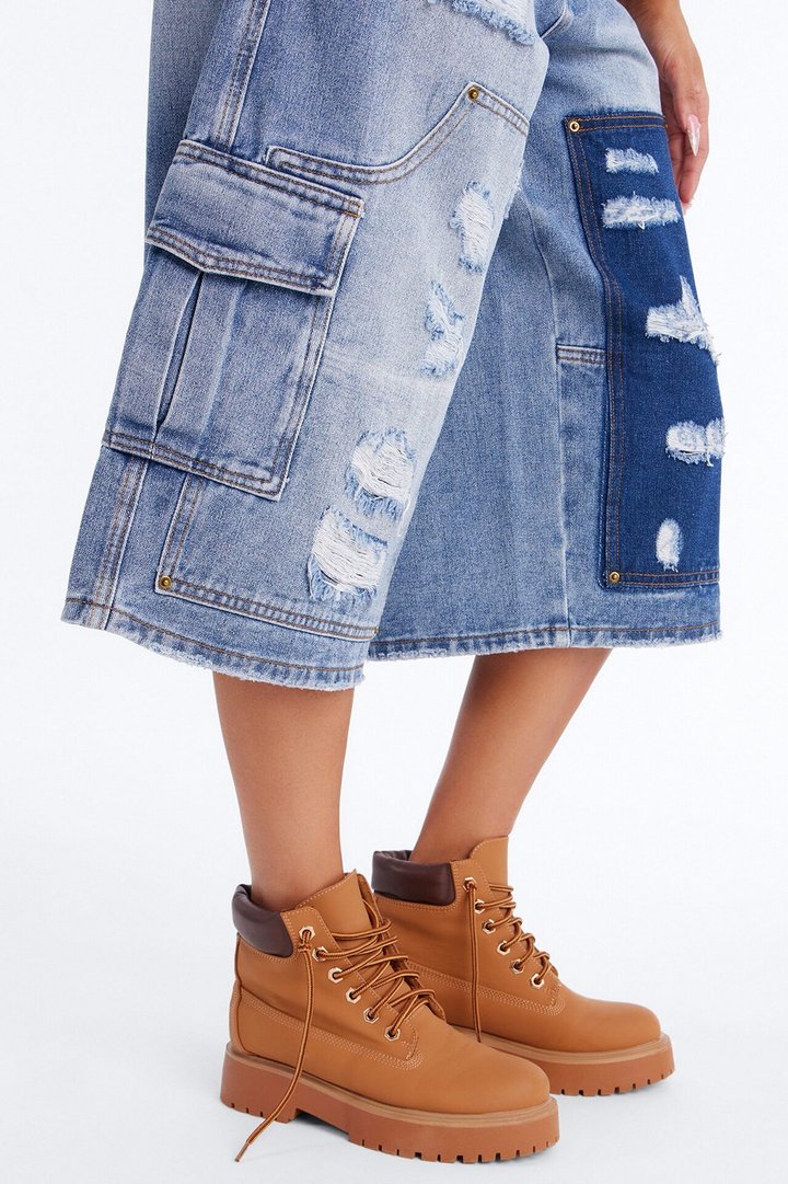 Just Like It Ripped Cargo Denim Jorts - Medium Wash