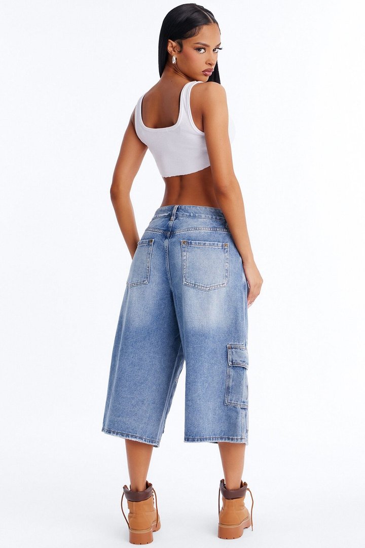 Just Like It Ripped Cargo Denim Jorts - Medium Wash