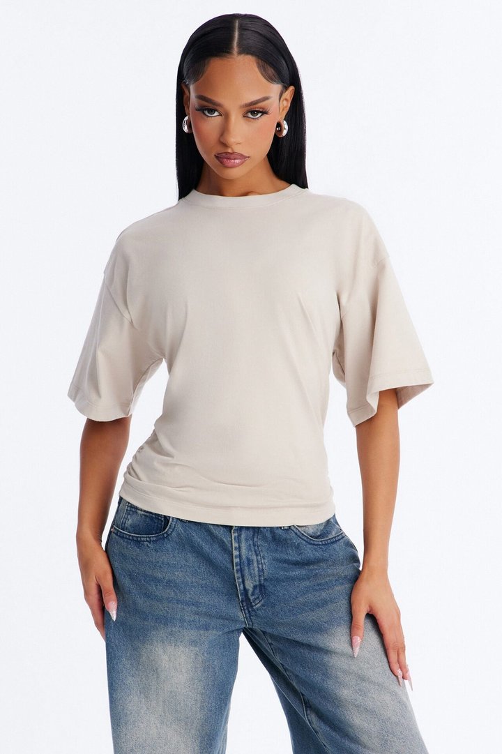 Nora Crew Neck Ruched Short Sleeve T-Shirt - Stone