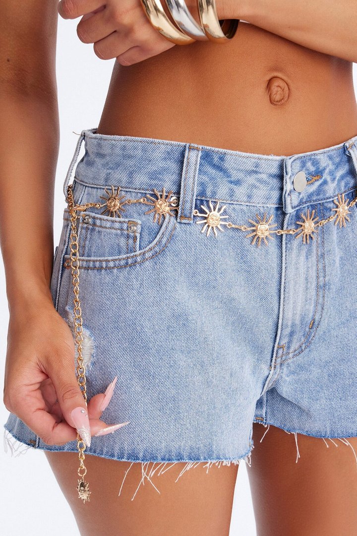 Ray Of Sunshine Belted Cut Off Denim Shorts - Light Wash