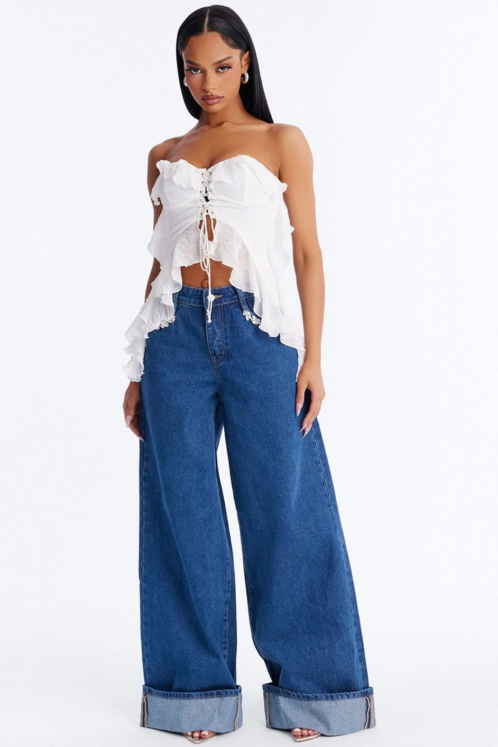 Girl Next Door Lace Up Ruffle Chiffon Tube Top - White