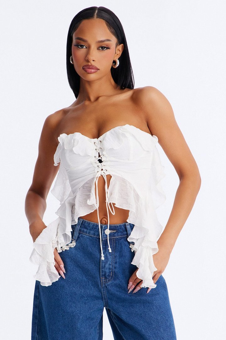 Girl Next Door Lace Up Ruffle Chiffon Tube Top - White