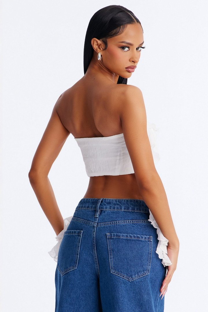 Girl Next Door Lace Up Ruffle Chiffon Tube Top - White