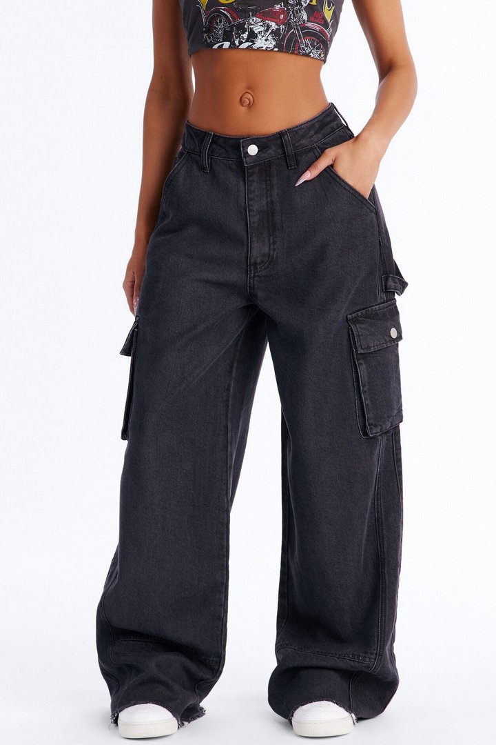Dreaming Of You Drapey Cargo Wide Leg Jeans - Black Wash