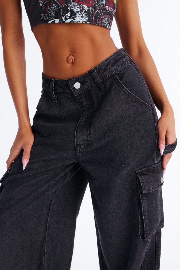 Dreaming Of You Drapey Cargo Wide Leg Jeans - Black Wash