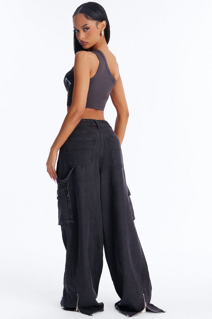 Dreaming Of You Drapey Cargo Wide Leg Jeans - Black Wash