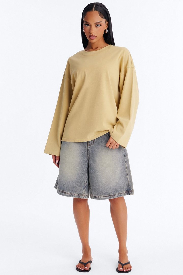 Arissa Crew Neck Long Sleeve Oversized T-Shirt - Honey