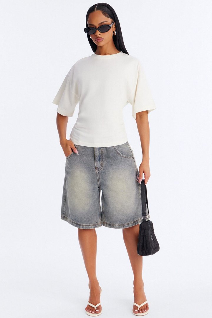 Nora Crew Neck Ruched Short Sleeve T-Shirt - Cream