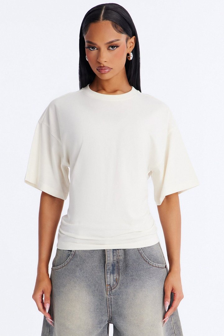 Nora Crew Neck Ruched Short Sleeve T-Shirt - Cream