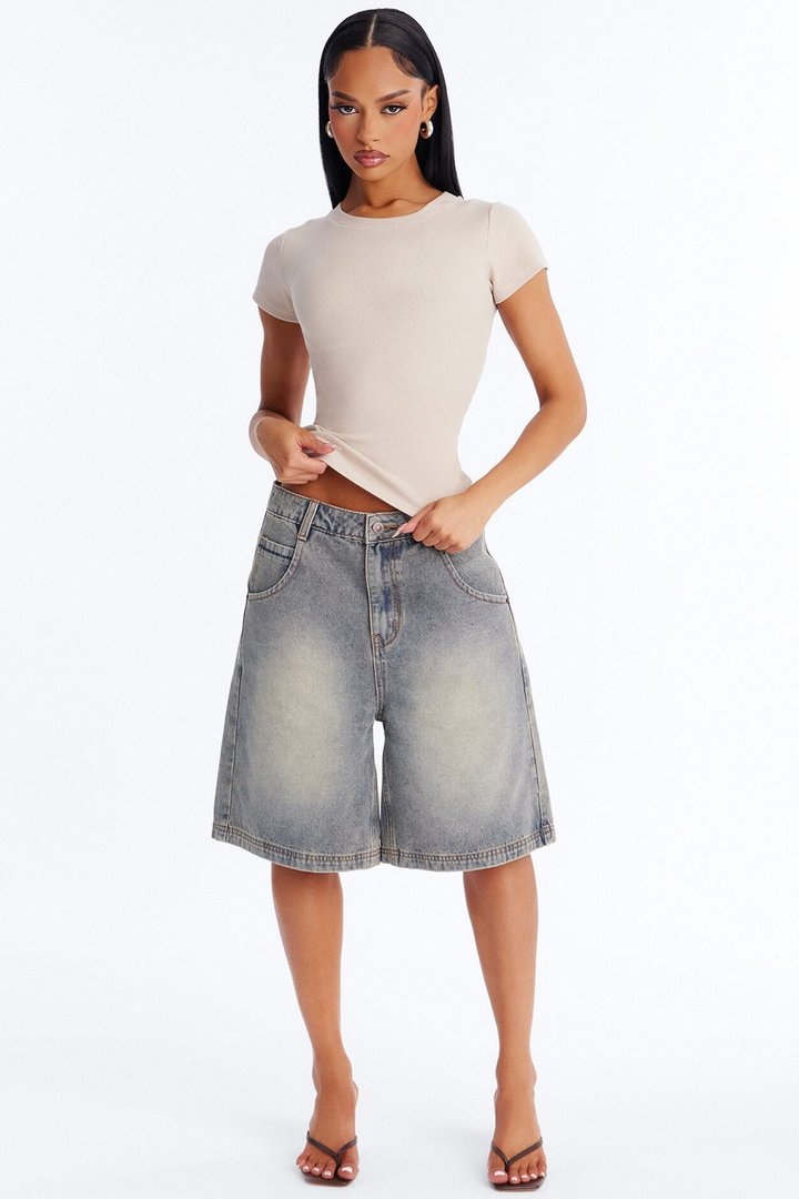 Kayla Rib Cap Sleeve Crew Neck Top - Stone