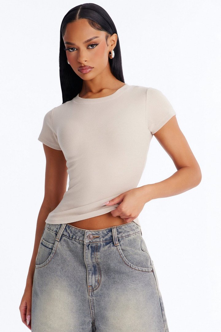 Kayla Rib Cap Sleeve Crew Neck Top - Stone