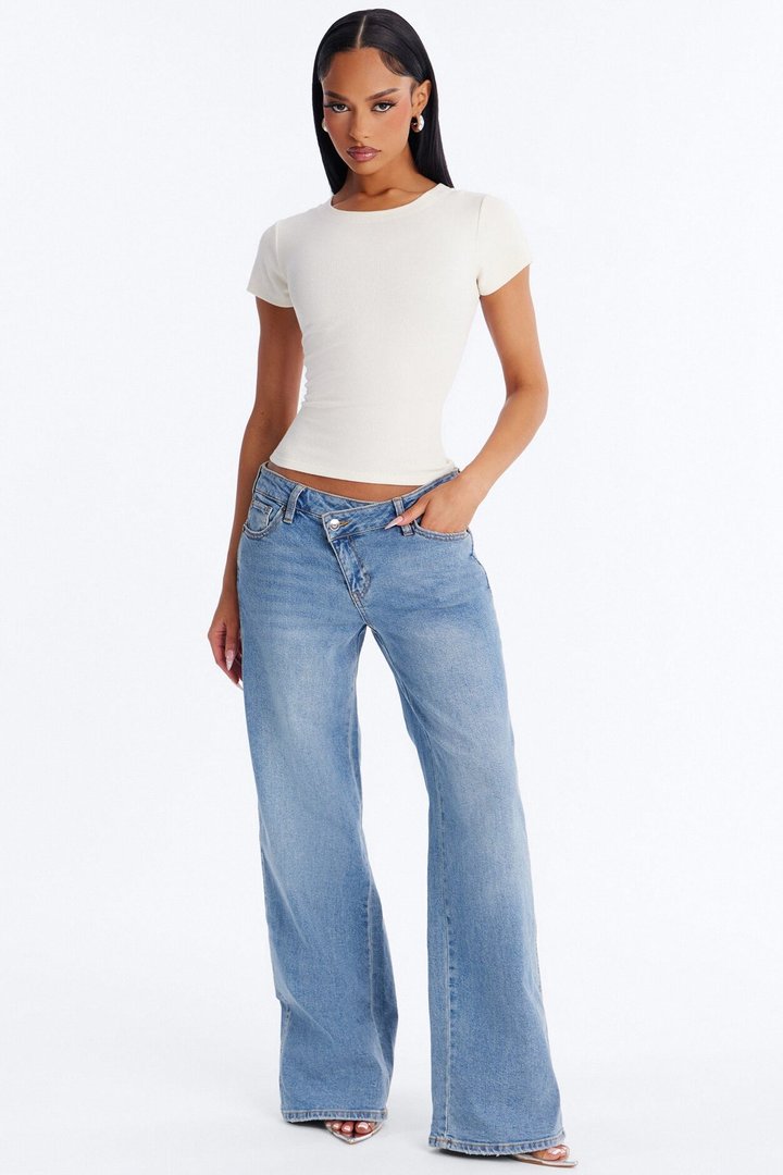 Kayla Rib Cap Sleeve Crew Neck Top - Cream