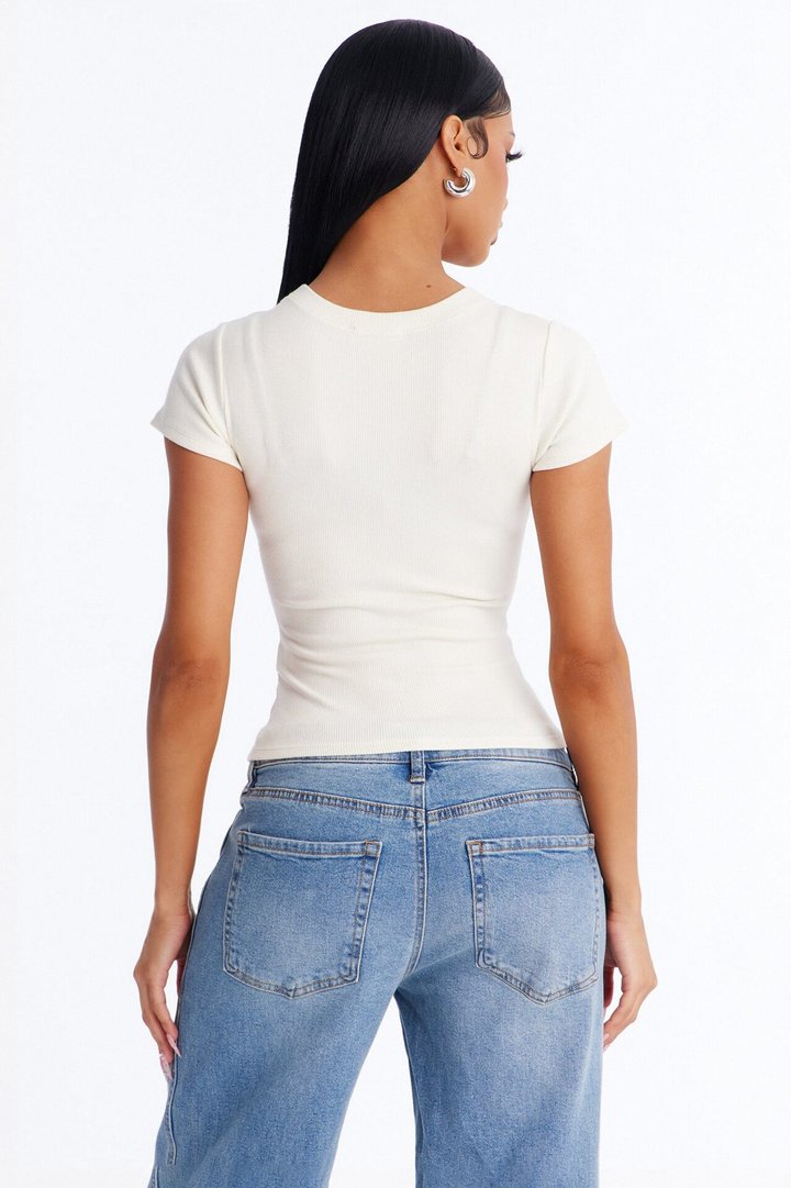 Kayla Rib Cap Sleeve Crew Neck Top - Cream