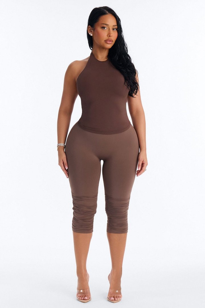 Second Skin Bra Pad Sleeveless Halter Top - Brown