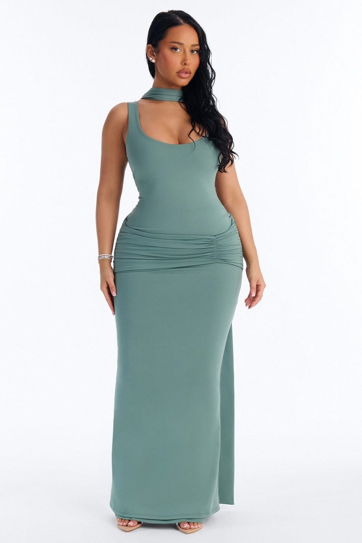Bianca Matte Form Double Lined Neck Scarf Maxi Dress - Sage