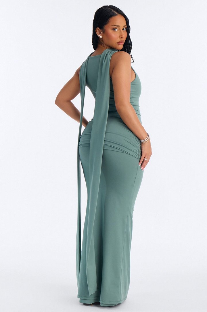 Bianca Matte Form Double Lined Neck Scarf Maxi Dress - Sage
