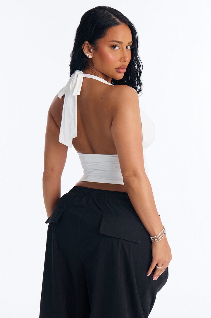 Second Skin Knot Backless Halter Top - White