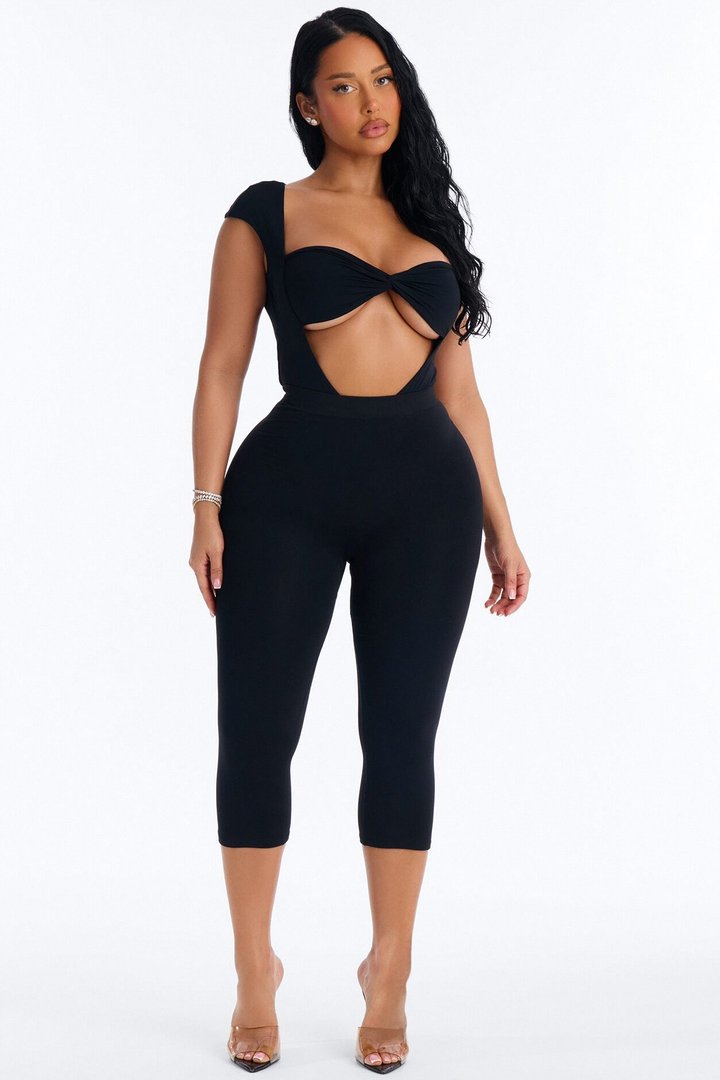 Second Skin Double Lined Cut Out Cap Sleeve Bodysuit - Black