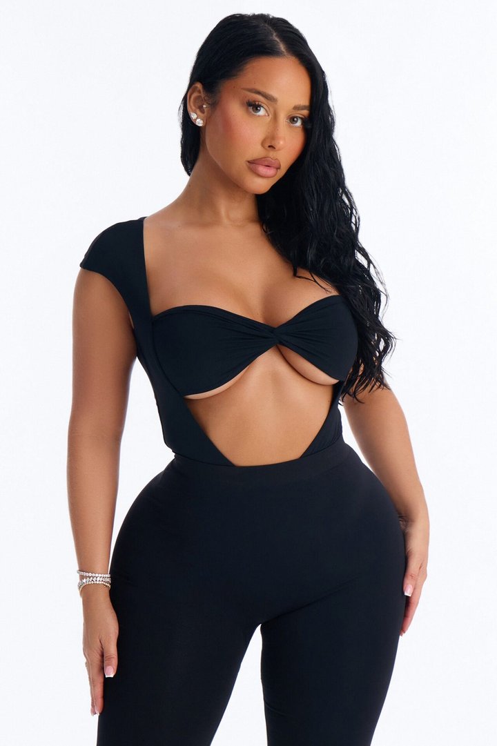 Second Skin Double Lined Cut Out Cap Sleeve Bodysuit - Black