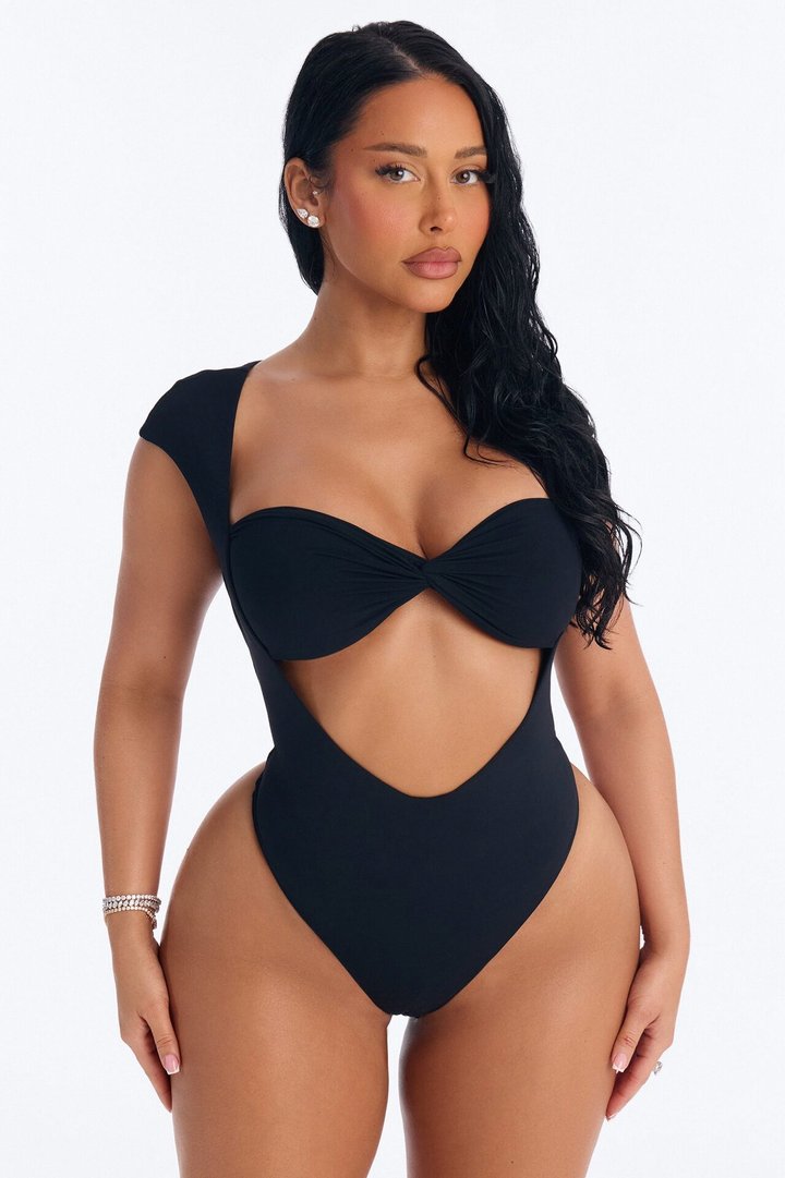 Second Skin Double Lined Cut Out Cap Sleeve Bodysuit - Black