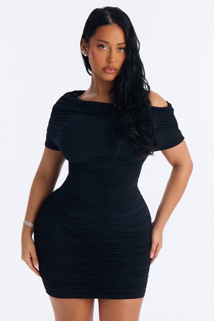 Second Skin Double Lined Off Shoulder Ruched Mini Dress - Black