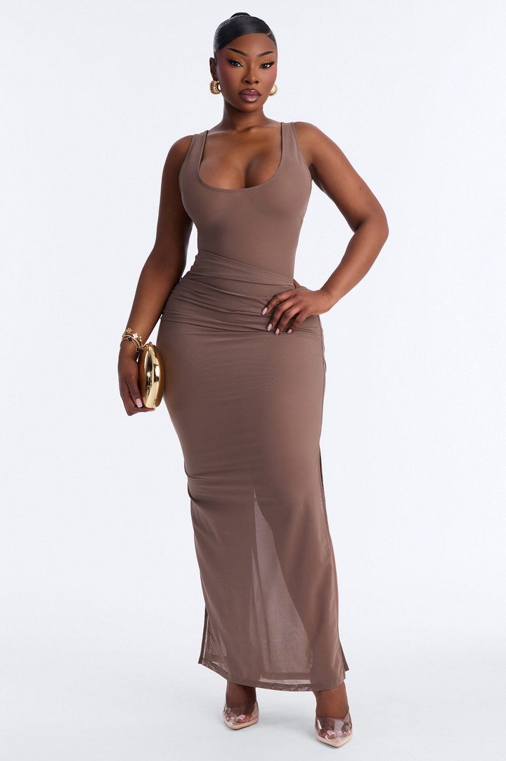 Power Mesh Deep U Neck Sleeveless Bodysuit - Brown