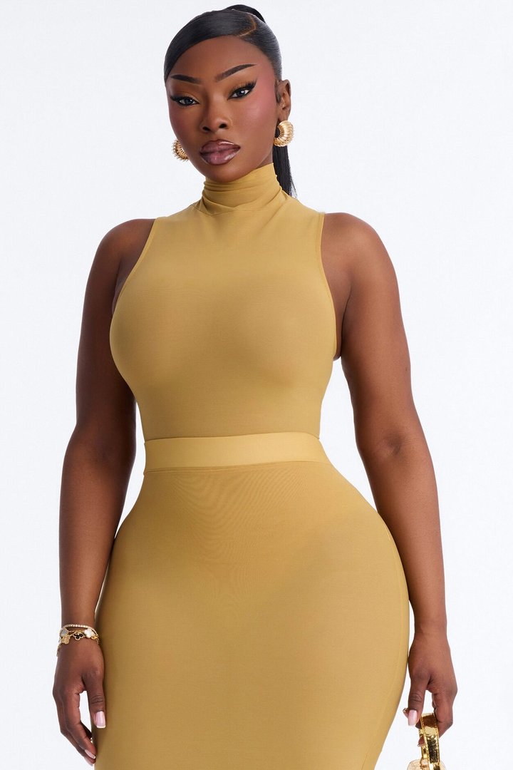 Power Mesh Turtle Neck Sleeveless Bodysuit - Honey